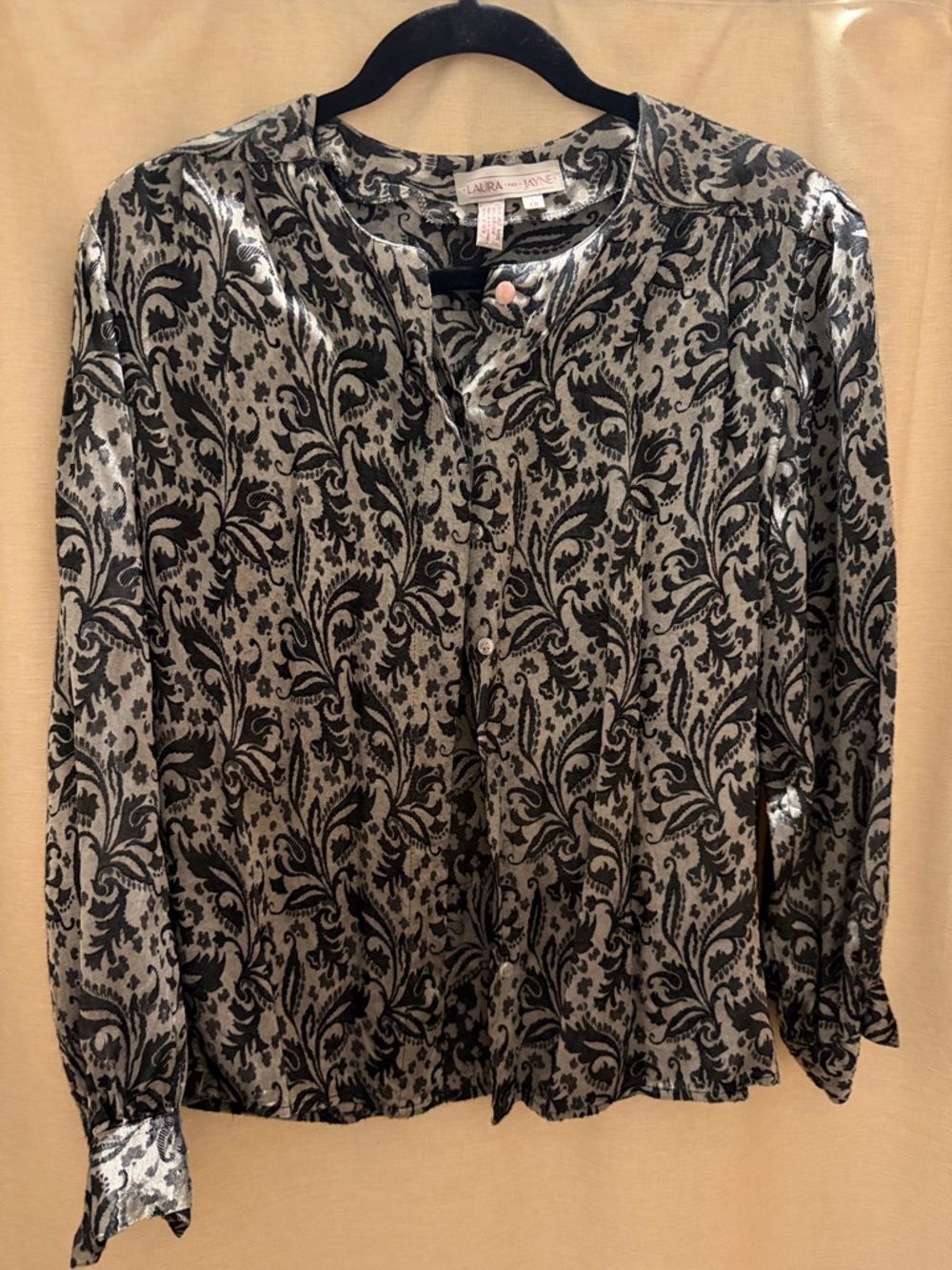 Vintage Laura Ashley Silver and Black Paisley Button-Front Top